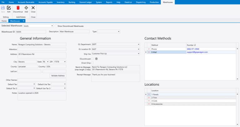Warehouses – Paradigm ERP by Paragon – Documentation